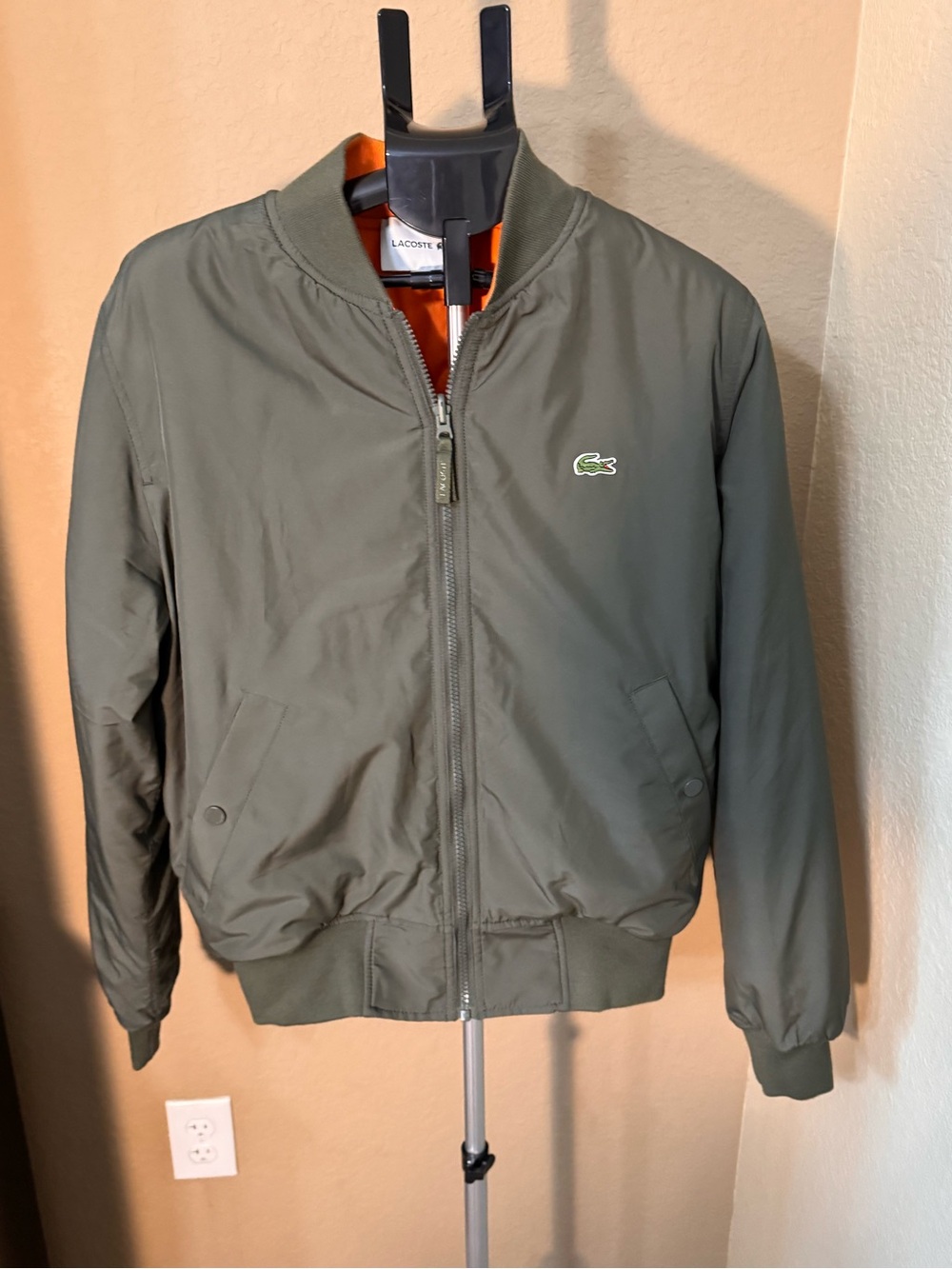 Lacoste Olive Green Bomber Jacket with Orange Lining Reversible